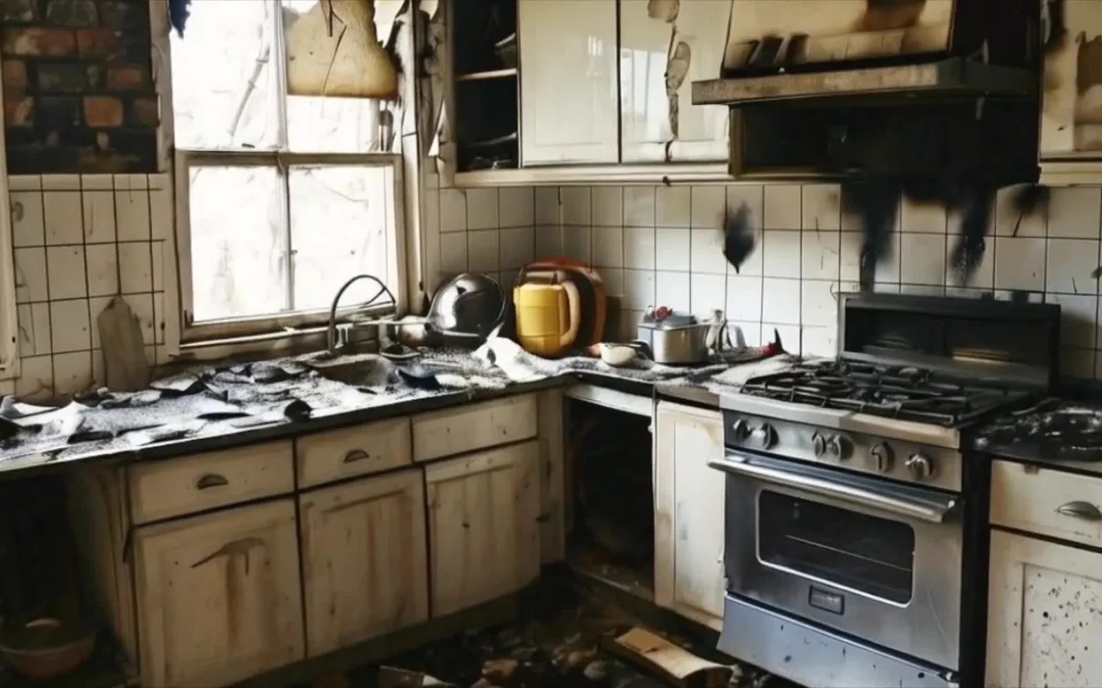 A kitchen with visible fire and smoke damage
